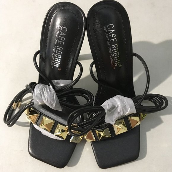 NWT CAPE ROBBIN AIGO GOLD STUDDED LACE UP‎ HEELS BLACK 5.5 - Picture 10 of 14